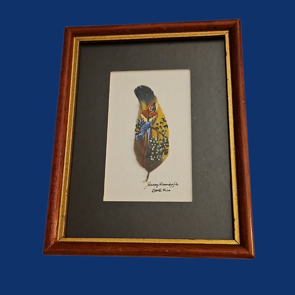 Vtg ARTISAN Signed Costa Rica Framed Feather Art with Parrot Design - Picture 1 of 6